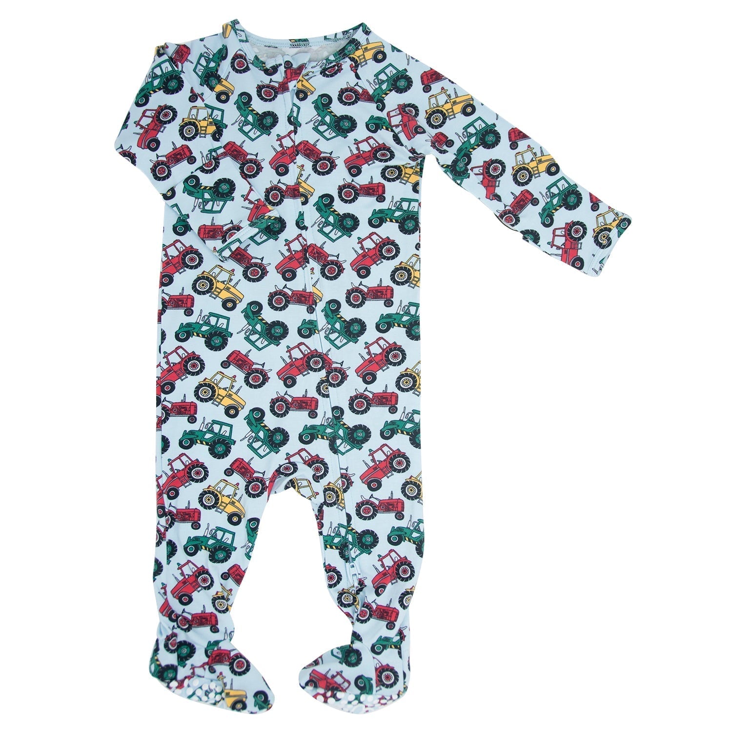 Baby footie pajamas with long sleeves, tractor print on light fabric