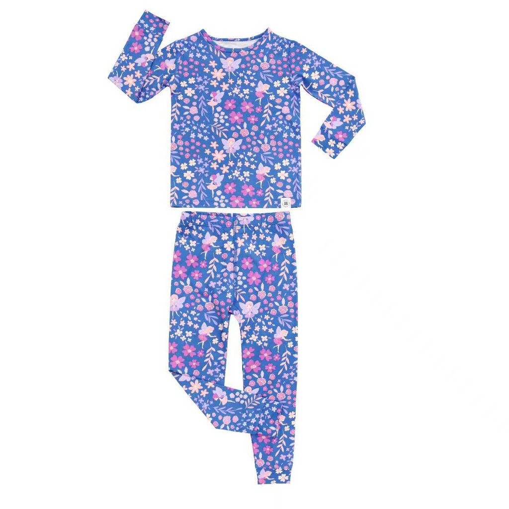 Girls kids pajama set, long-sleeve crewneck and pajama pants in blue floral print