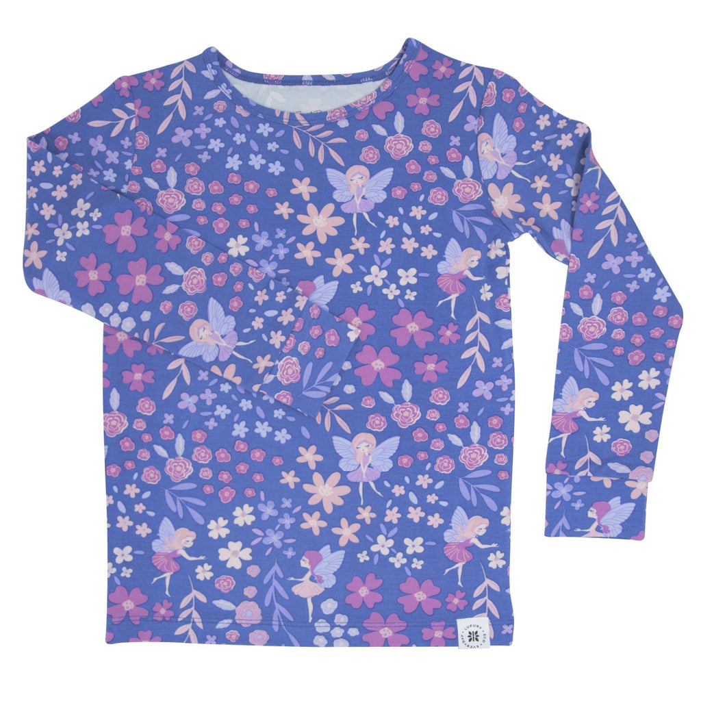 Girls long-sleeve pajama top, blue with pink and white floral pattern