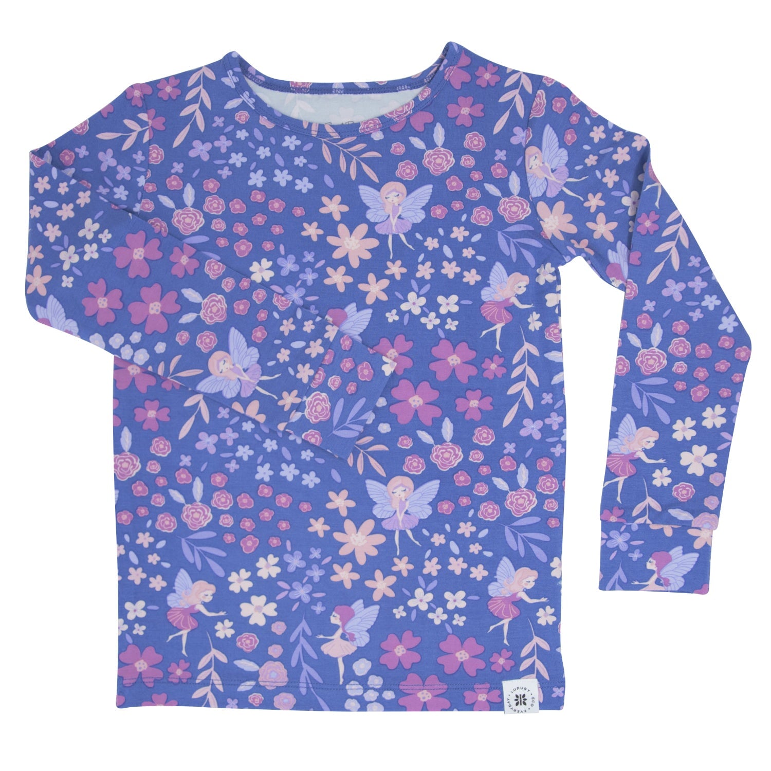 Girls long-sleeve pajama top, blue with pink and white floral pattern