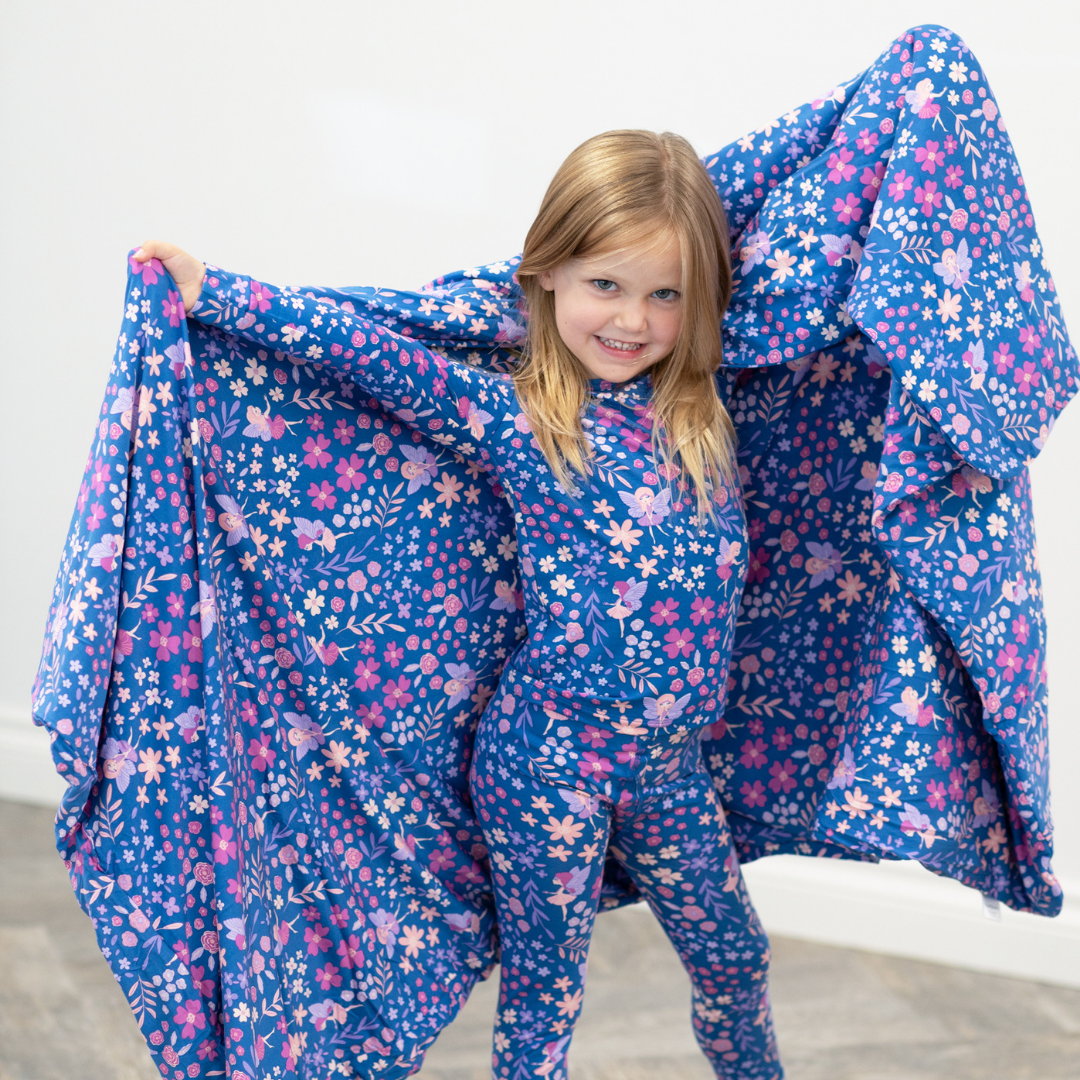 Girls kids pajama set in blue floral print, long-sleeve top and matching pants