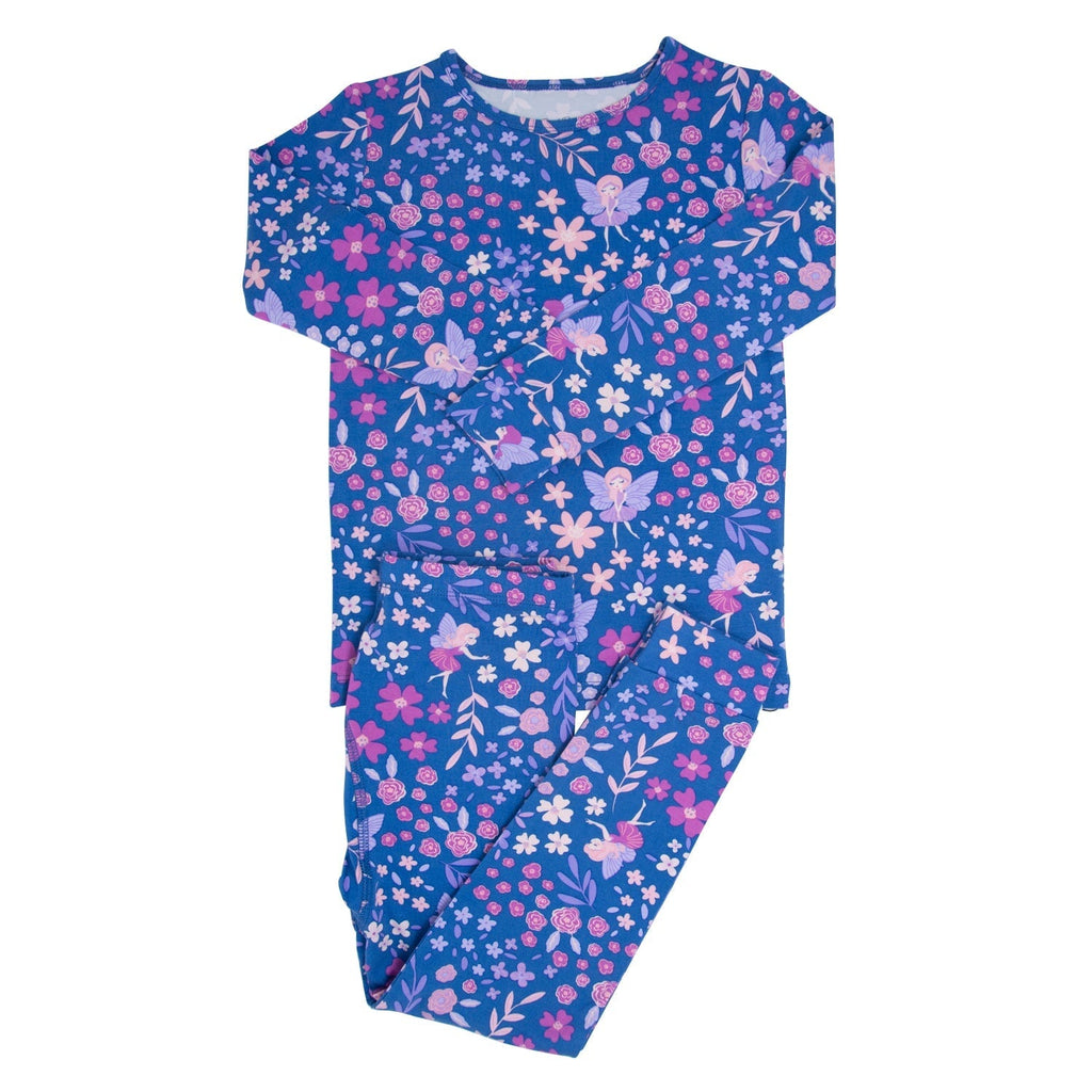 Girls long-sleeve pajama top in blue floral print with crew neckline