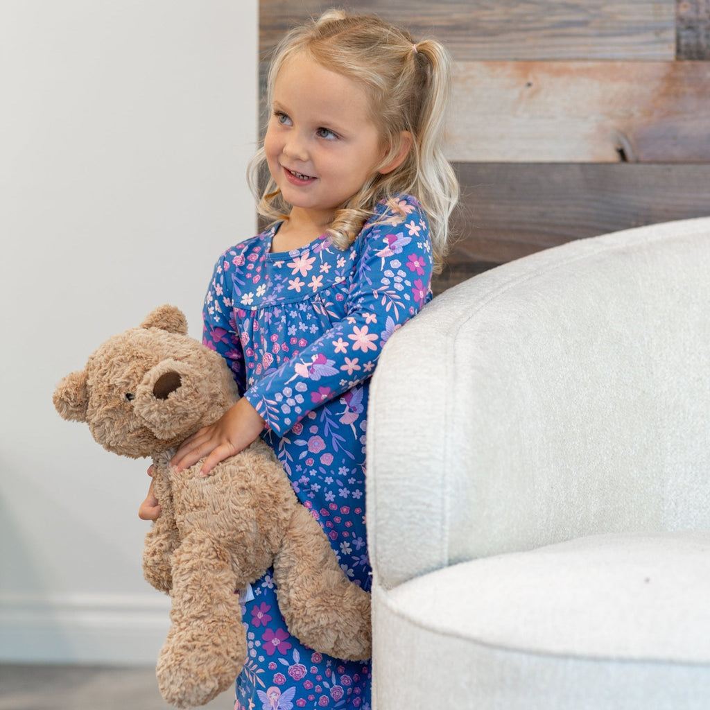 Girls boho dress in dark blue with pink and white floral print, long sleeves