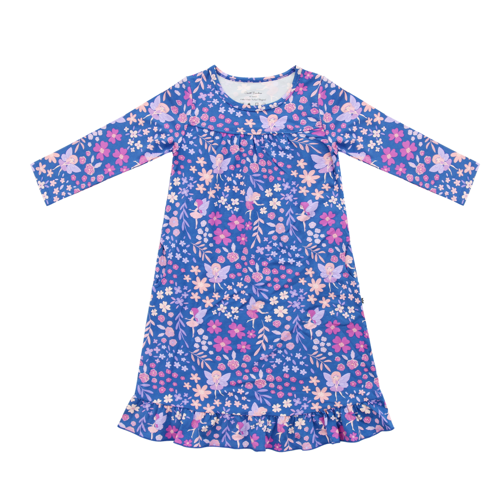Boho dress with long sleeves, dark blue and pink-and-white floral pattern