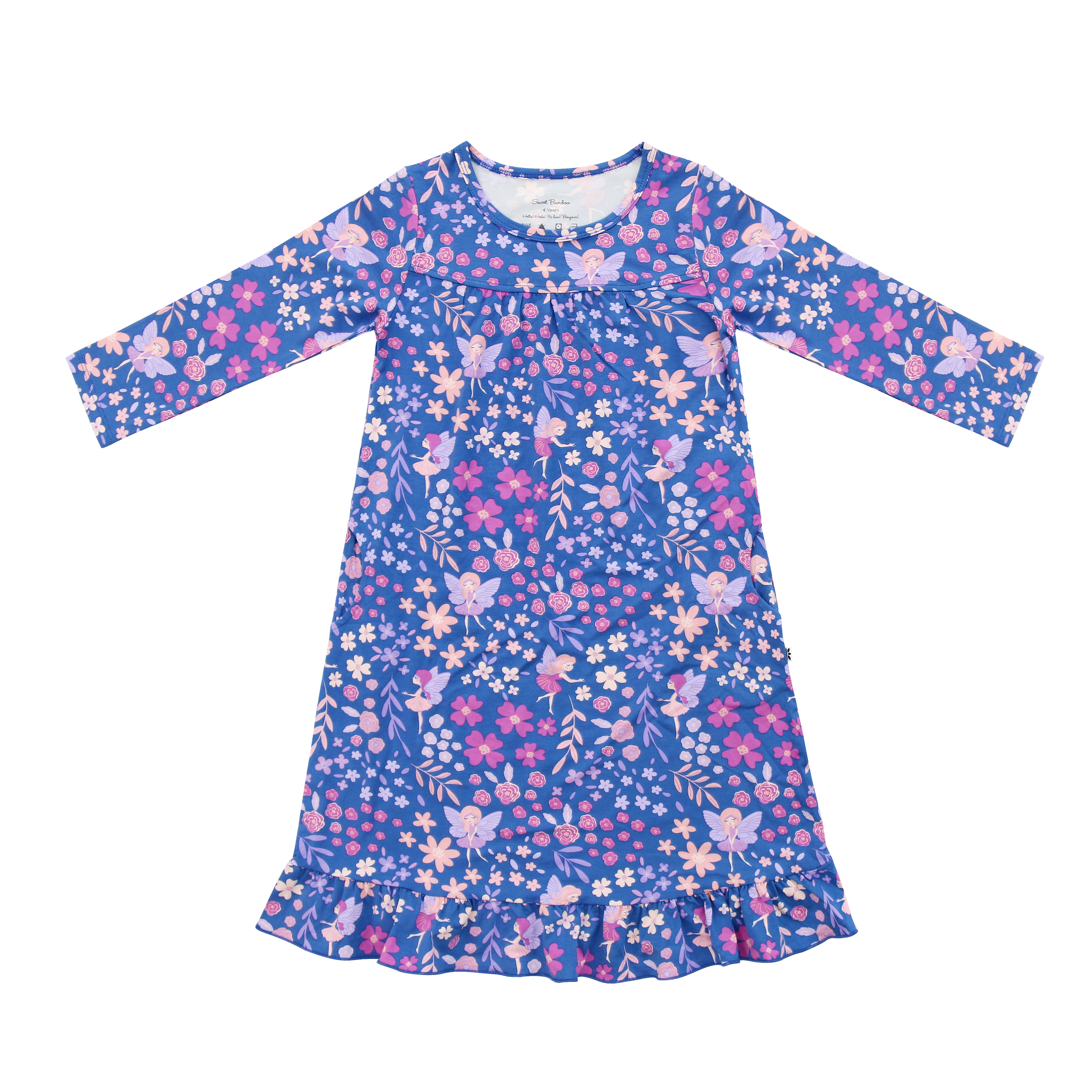 Boho dress with long sleeves, dark blue and pink-and-white floral pattern