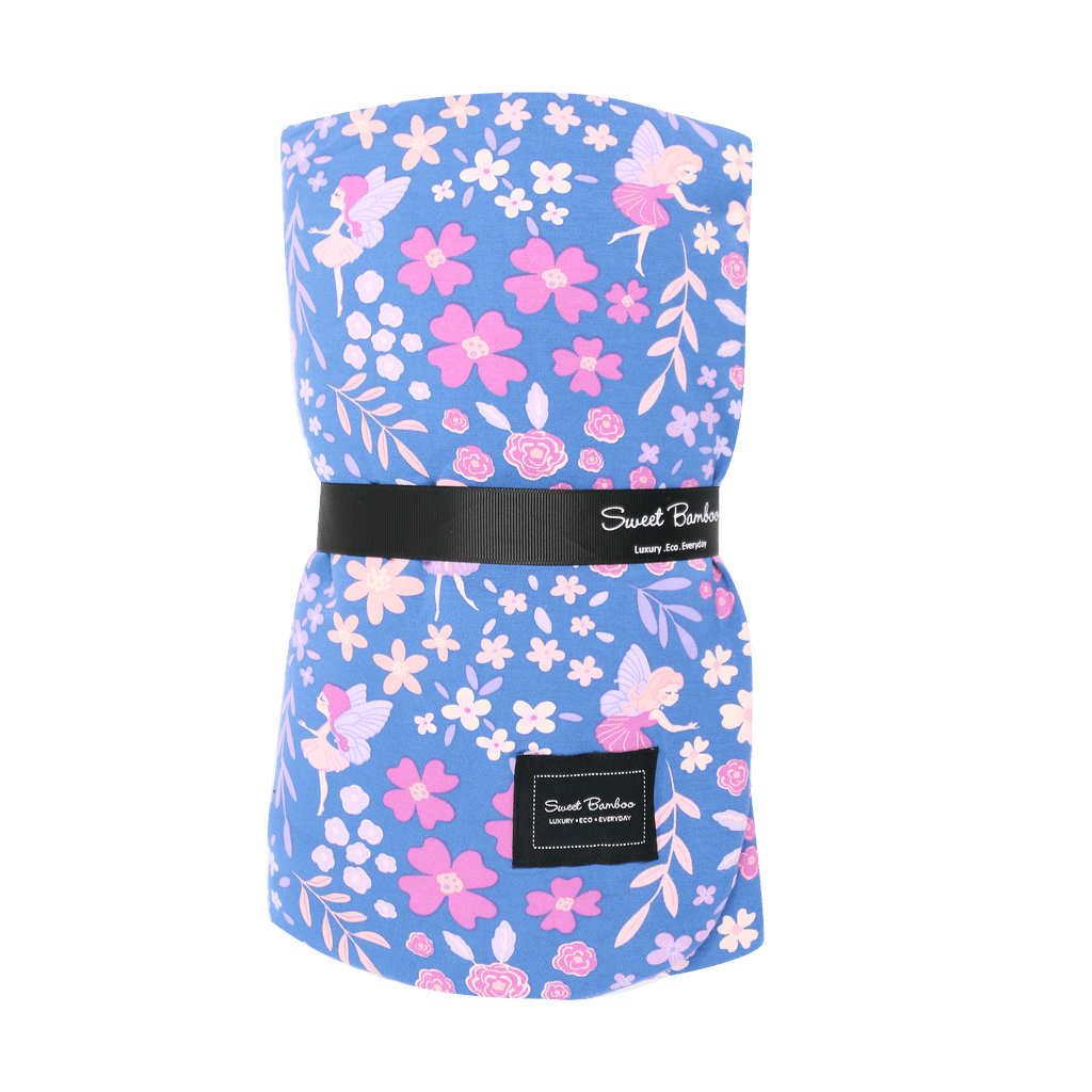 Floral cloud blanket, blue with pink flowers, birds, and Sweet Bamboo label