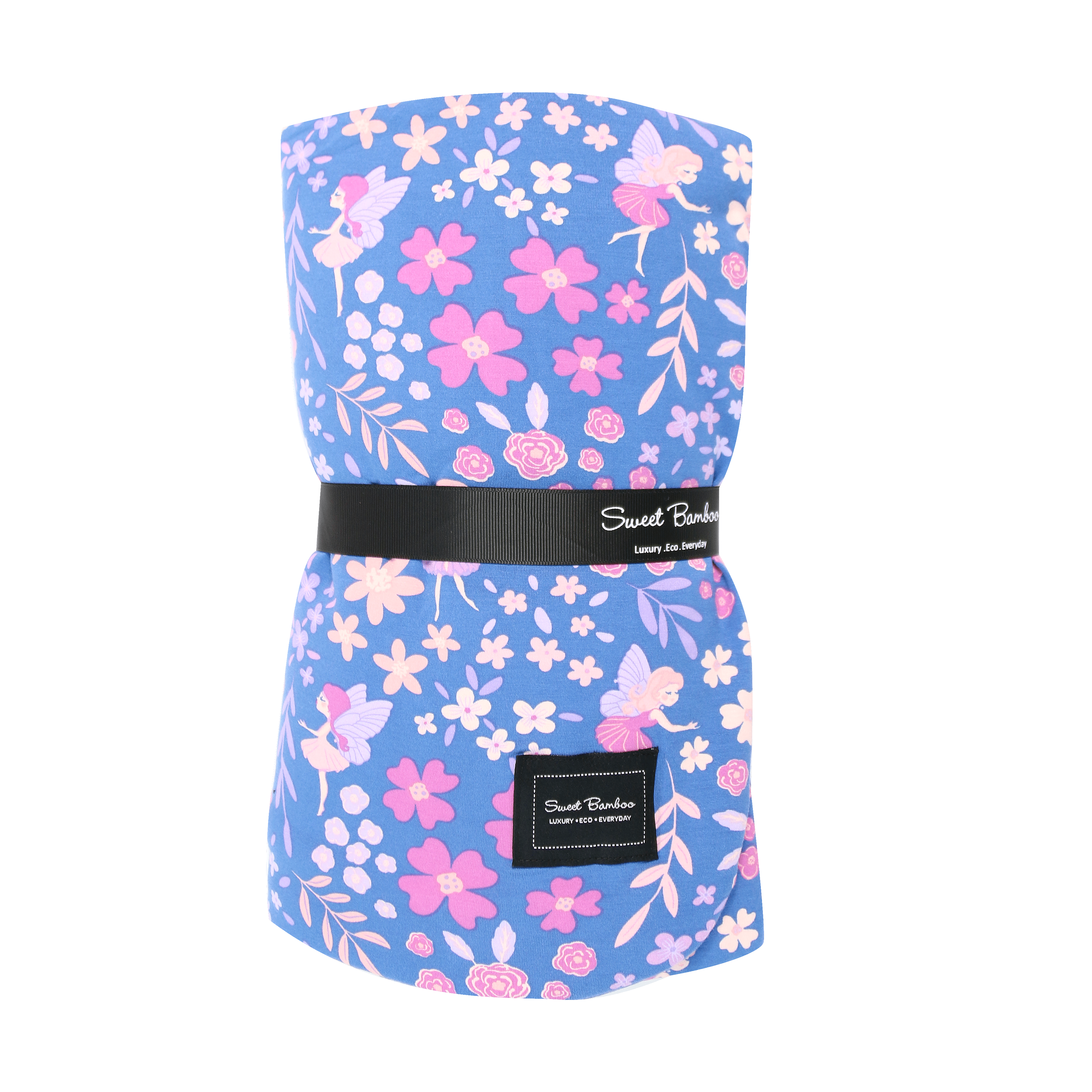 Floral cloud blanket, blue with pink flowers, birds, and Sweet Bamboo label