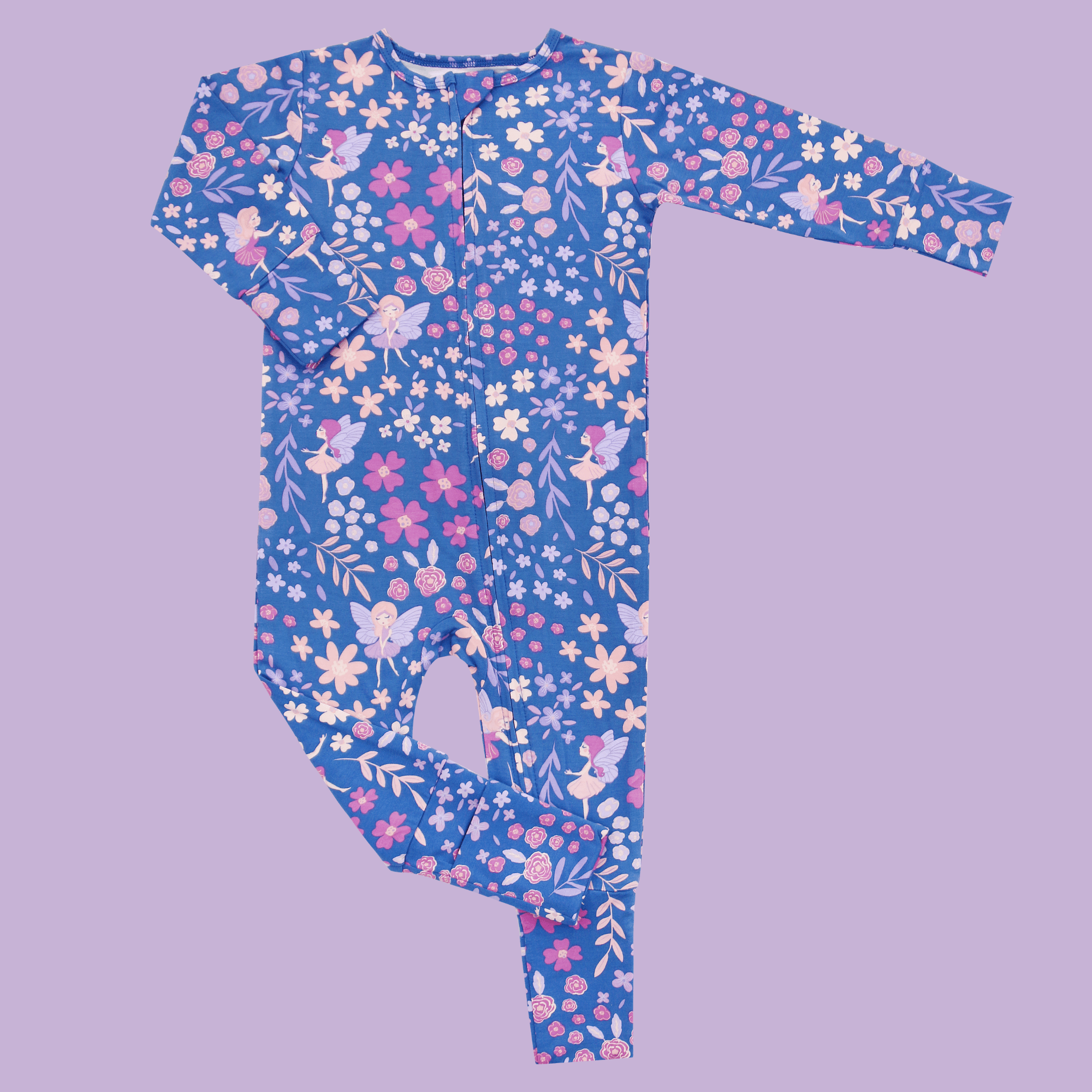 Blue floral long-sleeve romper laid flat, with crew neck and elastic cuffs