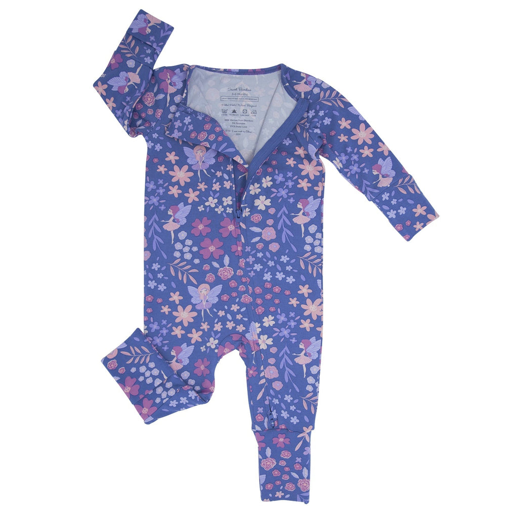Blue floral long-sleeve romper with full-length legs, crew neck, and front opening