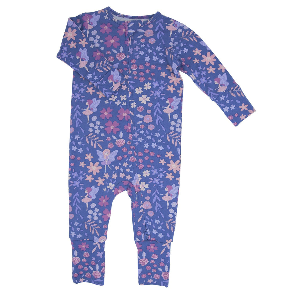 Blue floral long-sleeve romper flat, crew neck and tapered pant legs