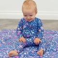 Floral cloud blanket for girl, blue with pink flowers and birds
