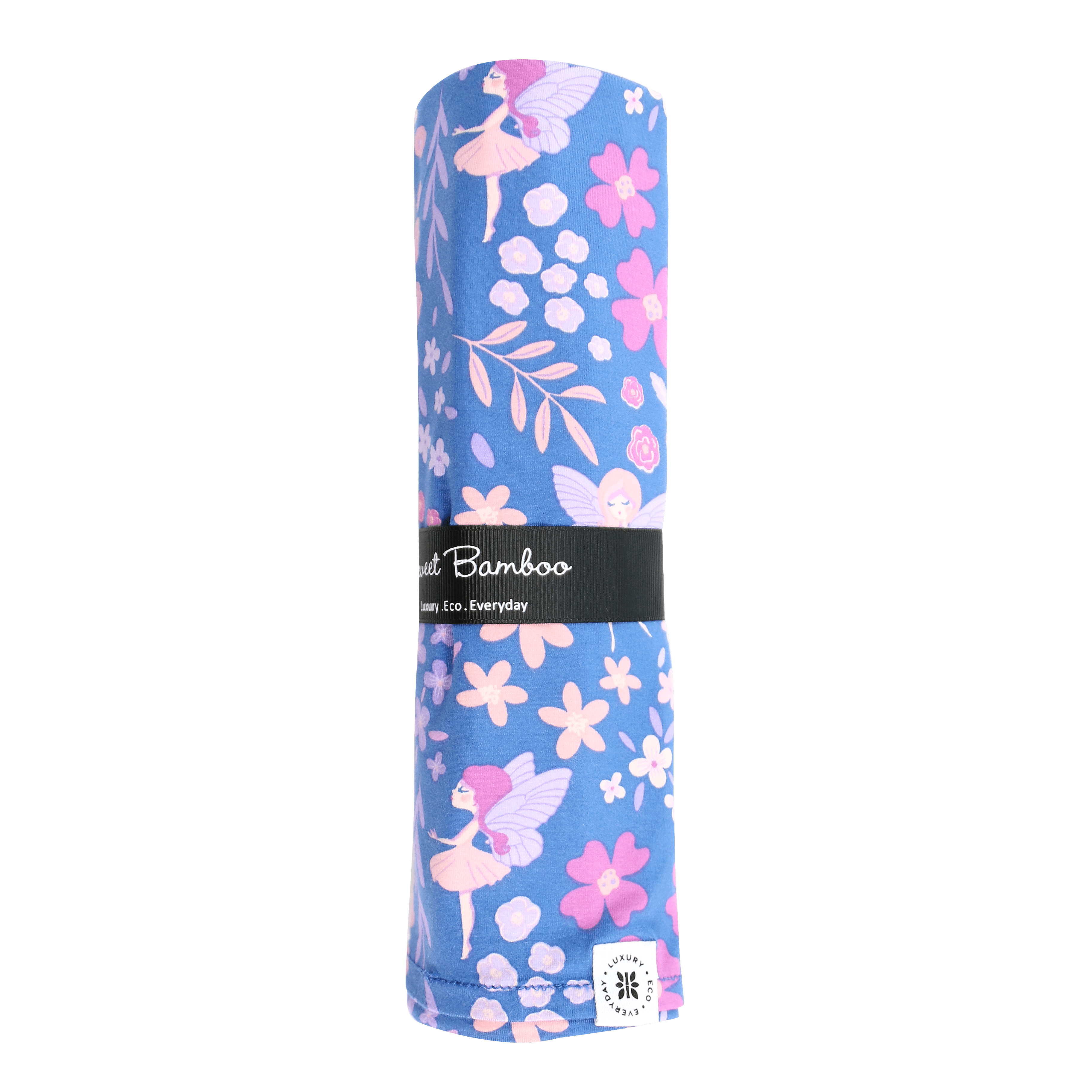Swaddle blanket roll in purple with pink floral and bird fairy pattern, with fabric label