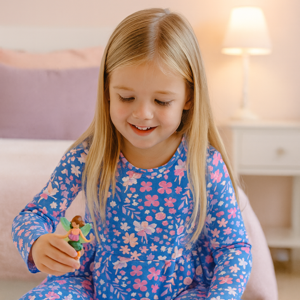 Girls' long-sleeve swirly dress in blue with pink and purple floral print