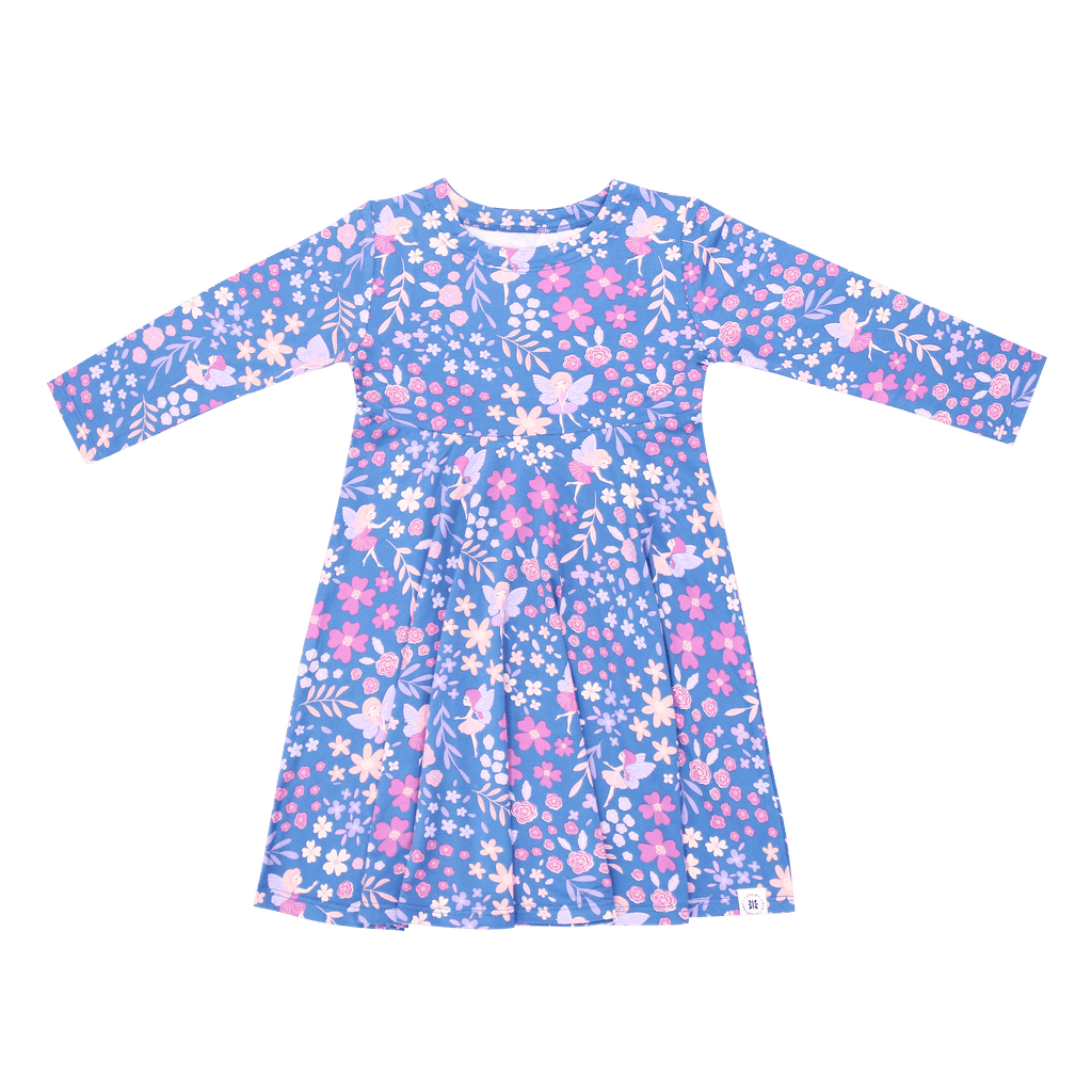 Girls' long-sleeve dress, blue with pink and purple floral print, gathered skirt