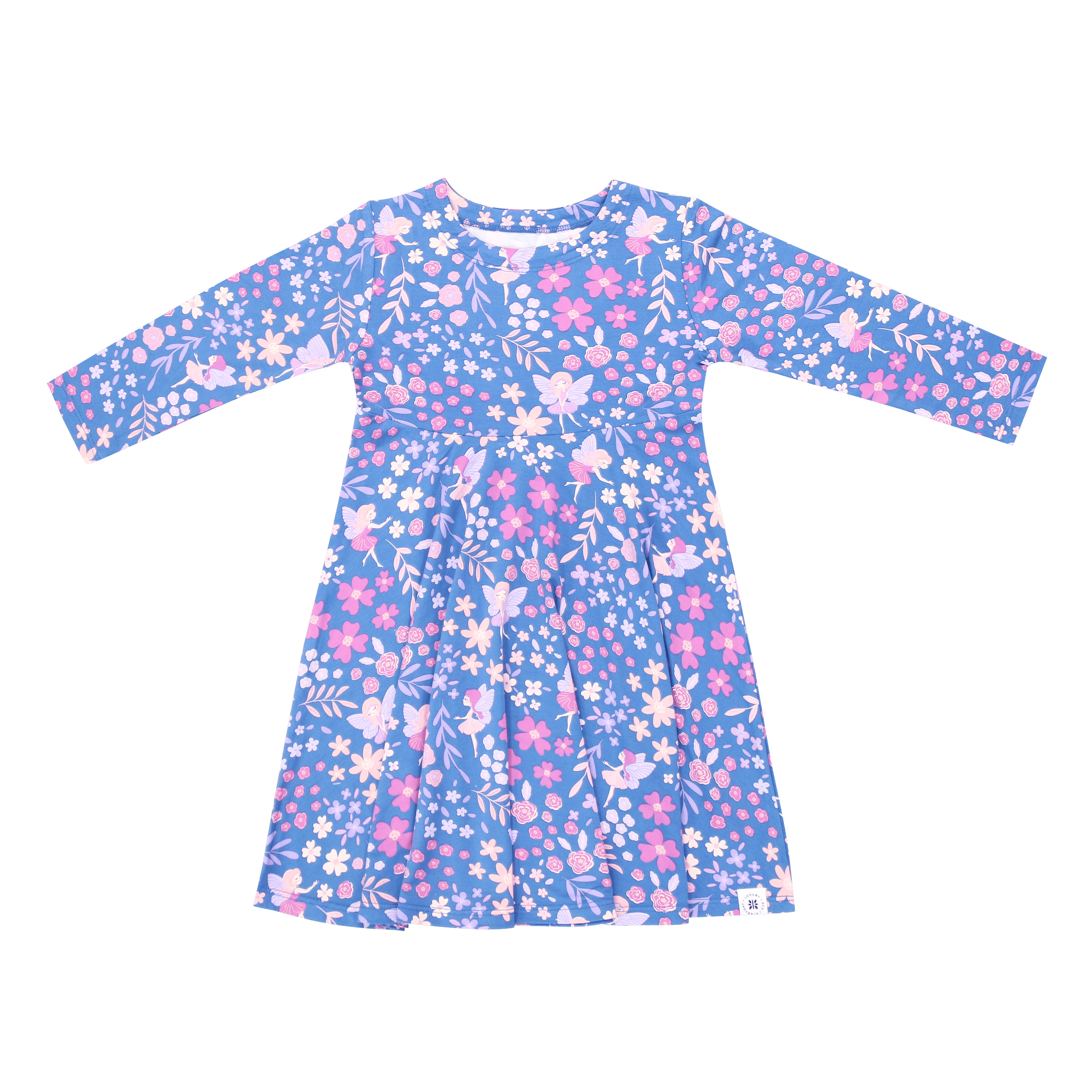 Girls' long-sleeve dress, blue with pink and purple floral print, gathered skirt