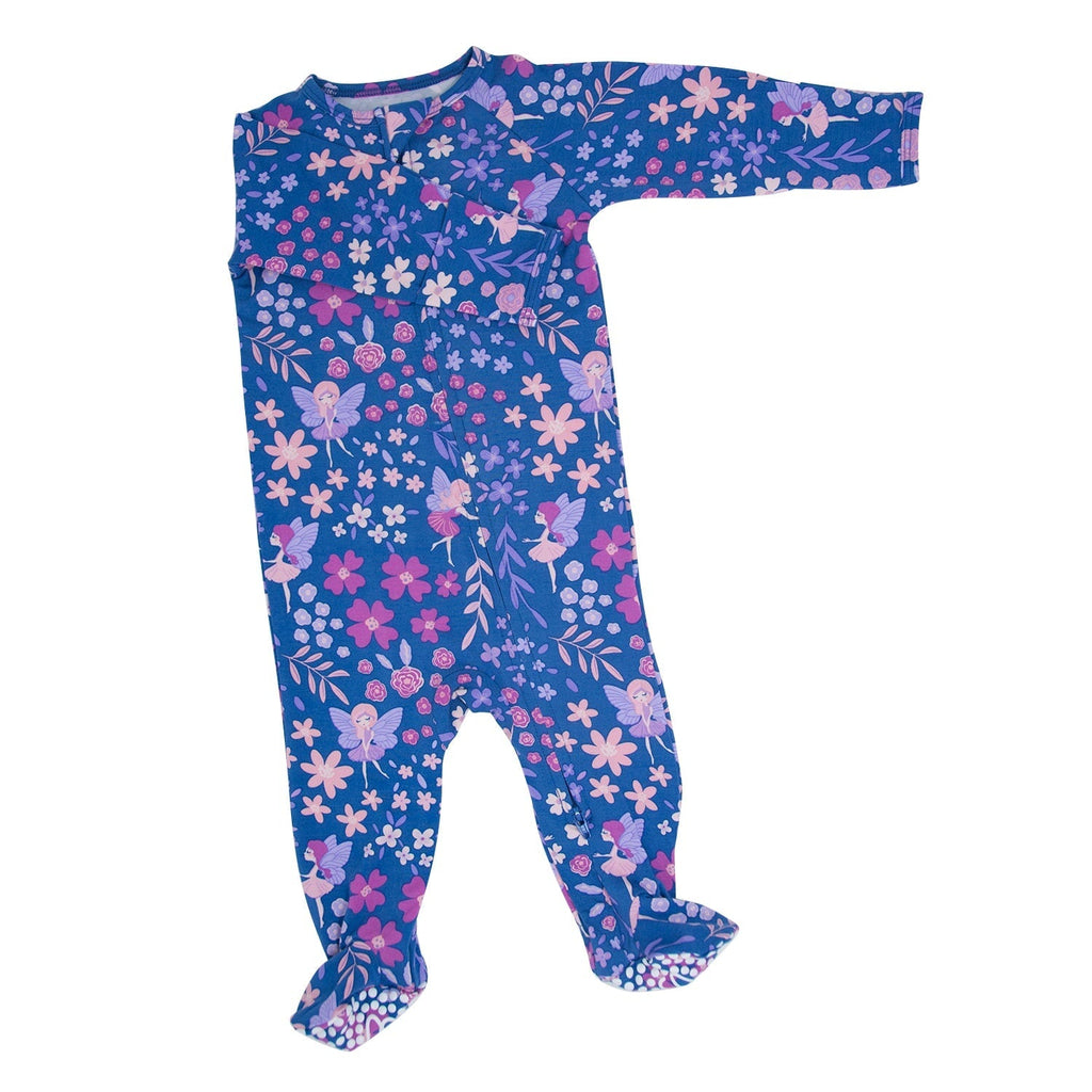 Floral long-sleeve footie sleeper with covered feet, dark purple and pink
