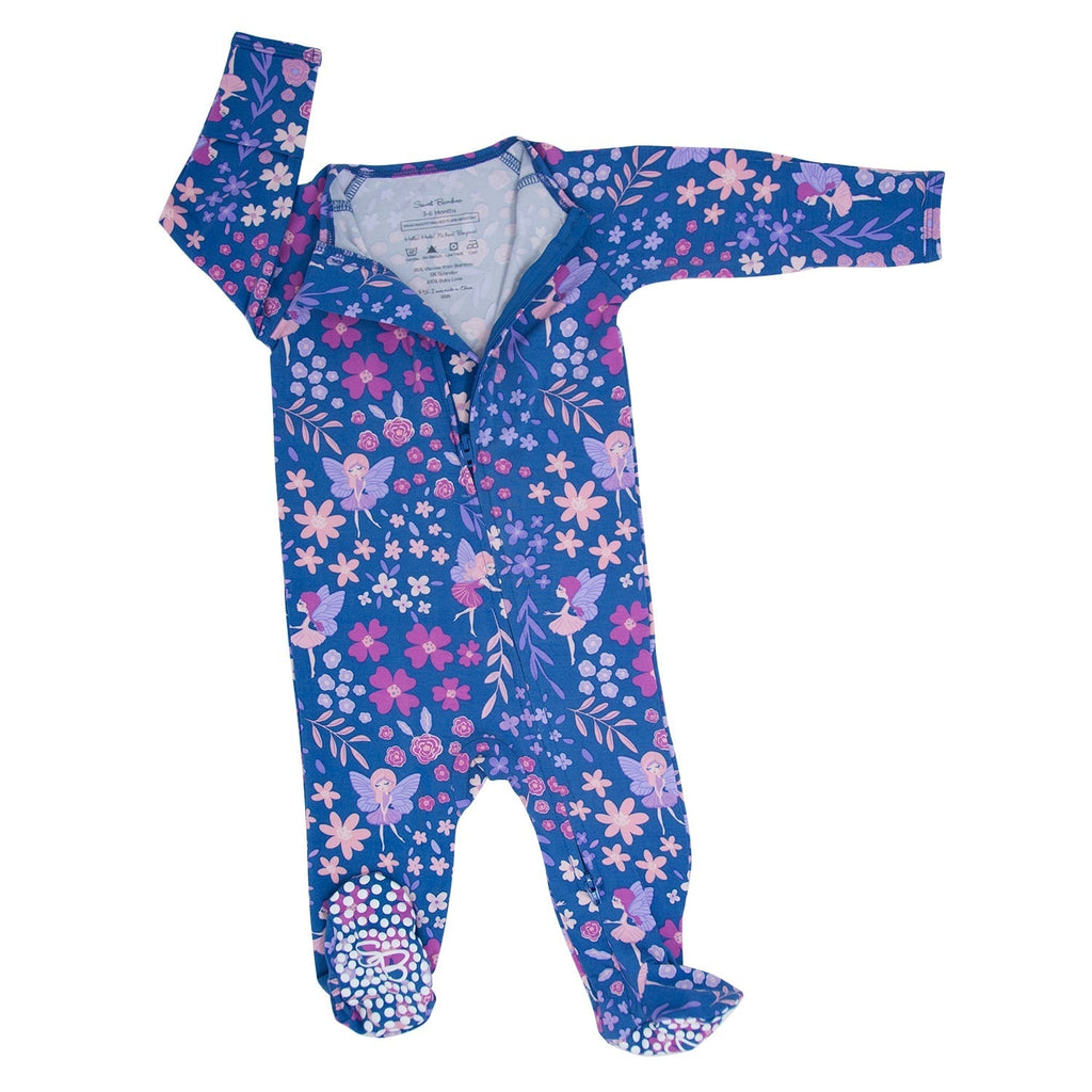 Zip-front floral footie sleeper with long sleeves and covered feet, dark purple