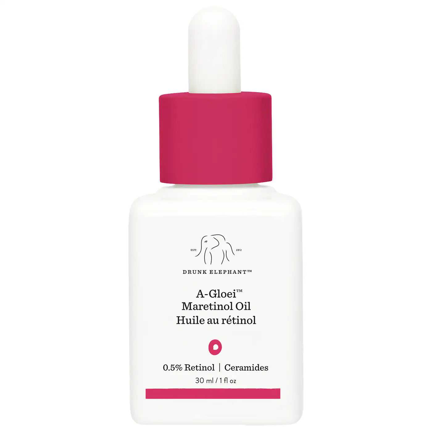 Drunk Elephant A-Gloei retinol oil bottle with magenta cap, clear label, 30 mL