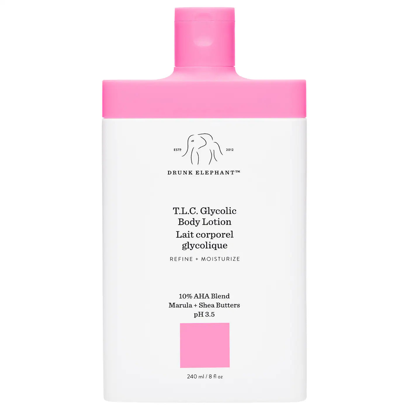 Drunk Elephant T.L.C glycolic body lotion bottle, pink cap, white bottle