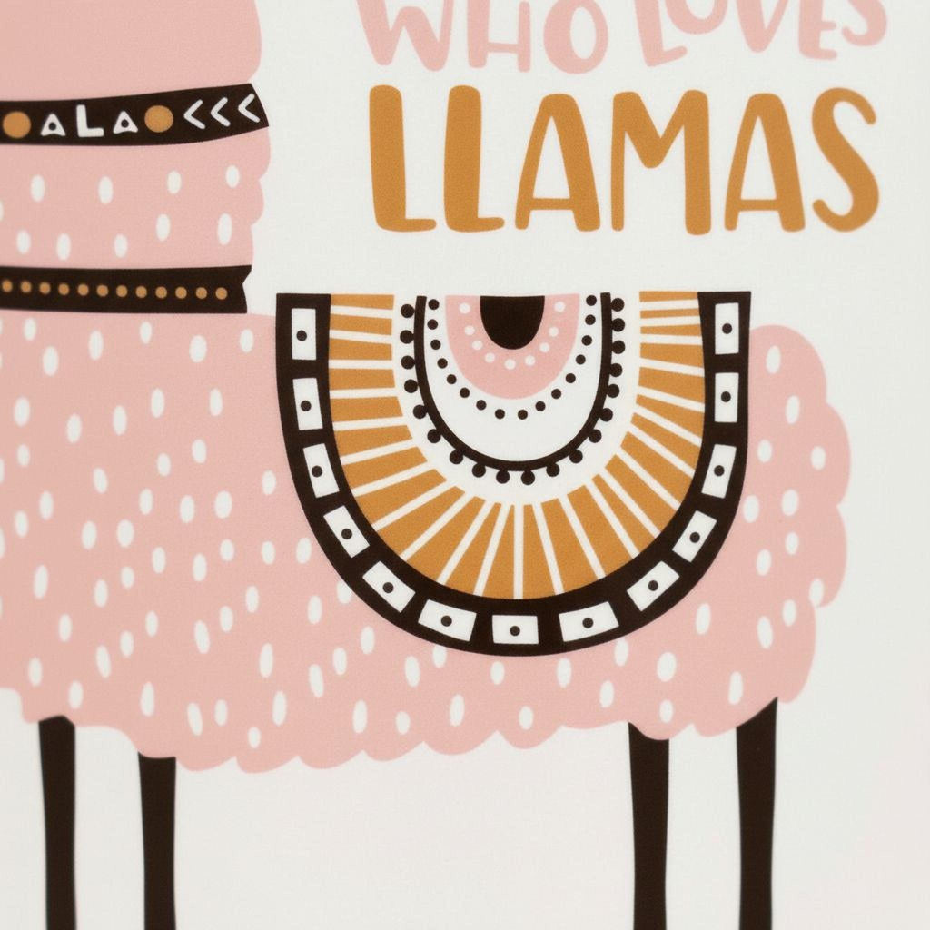 Llama mug design close-up with rainbow sunburst pattern and illustrated llama face