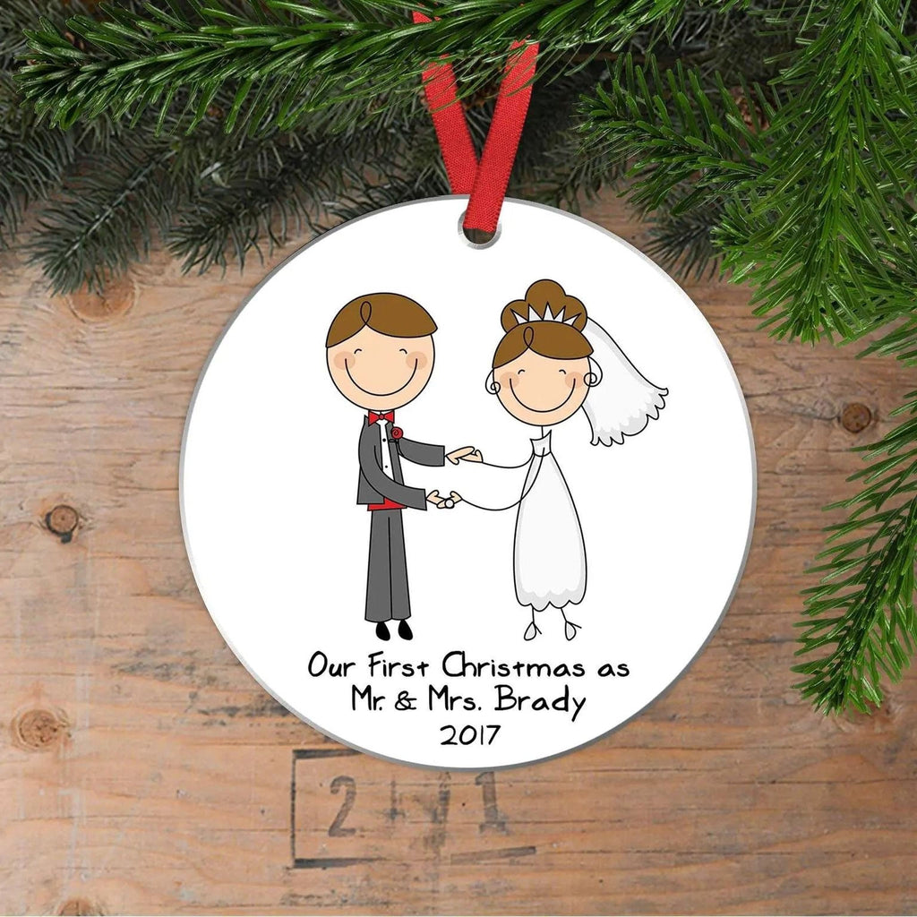 White round wedding ornament with red ribbon, illustrated couple handshake and '2017' text