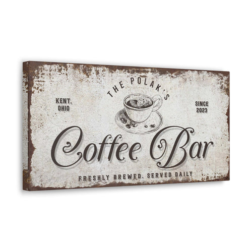 Rectangular Coffee Bar wall sign with distressed typography and coffee cup illustration
