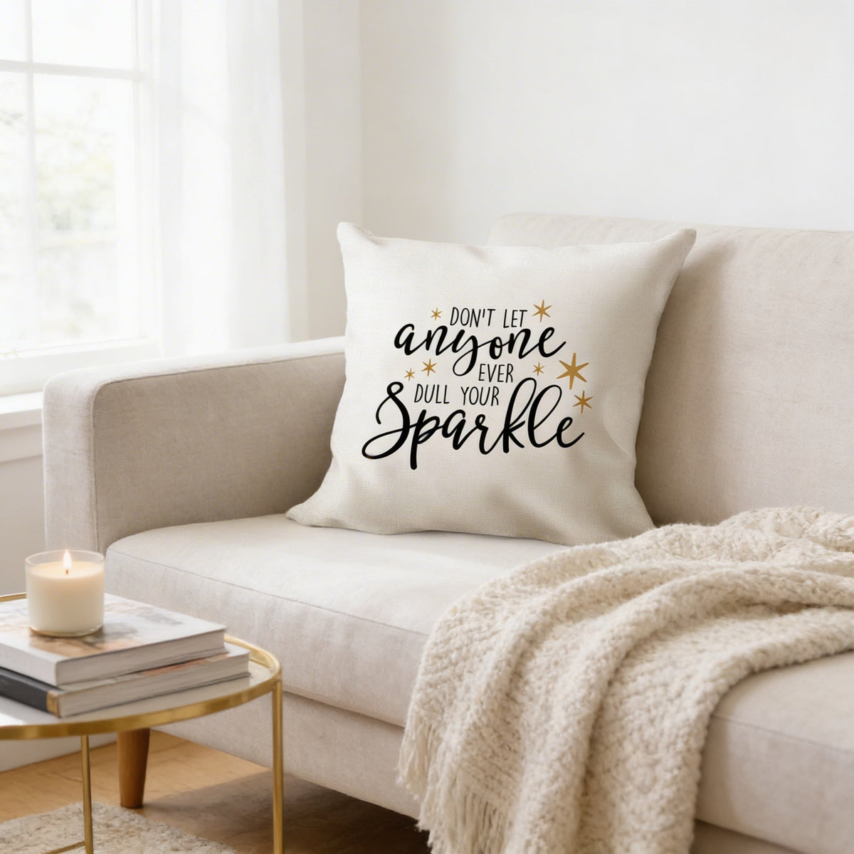White throw pillow cover with black & gold motivational quote and sparkle lettering