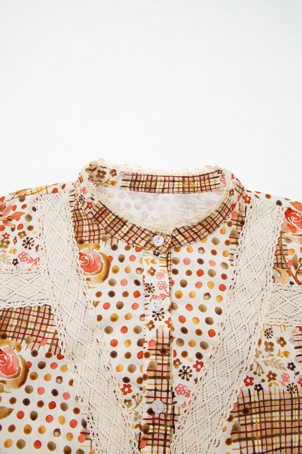 Floral Lace Trim Button Down Long Sleeve Shirt