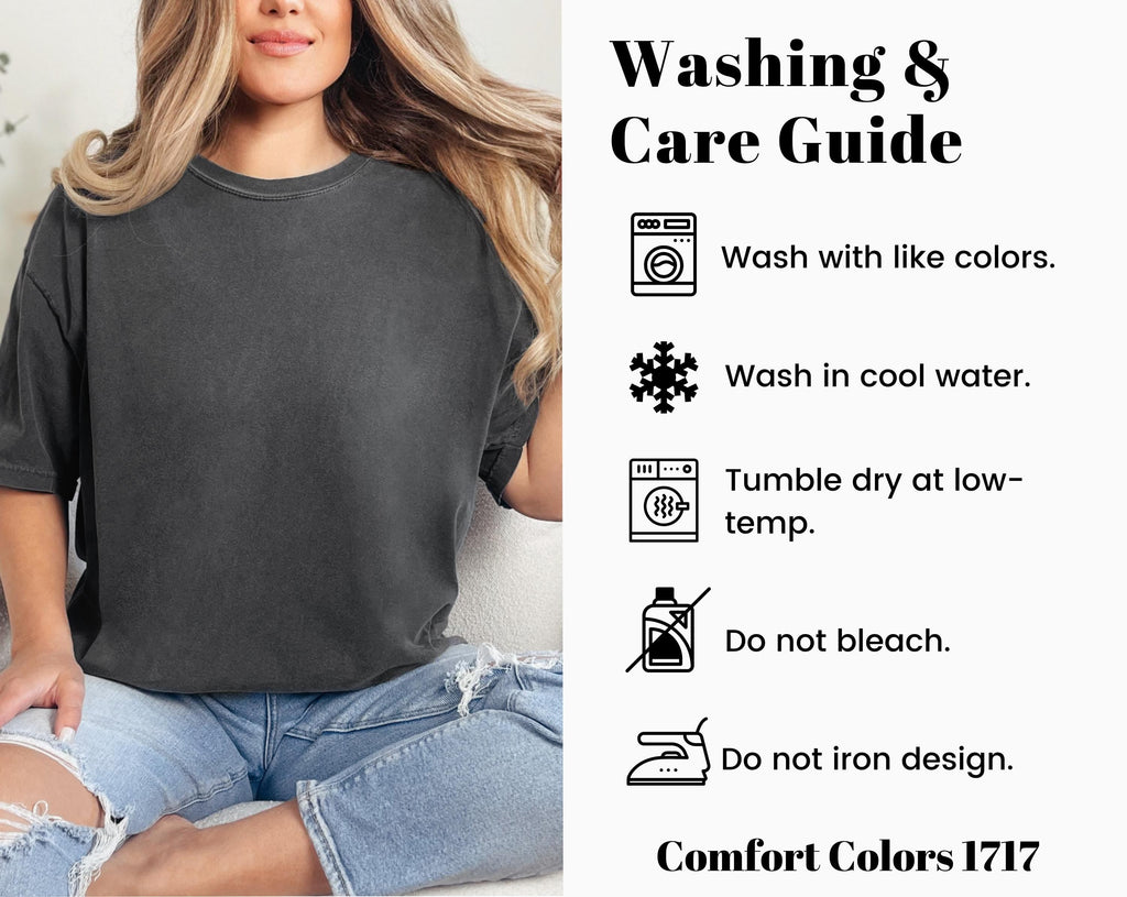 Washing and care guide for Comfort Colors I1717 with wash, dry, and iron symbols