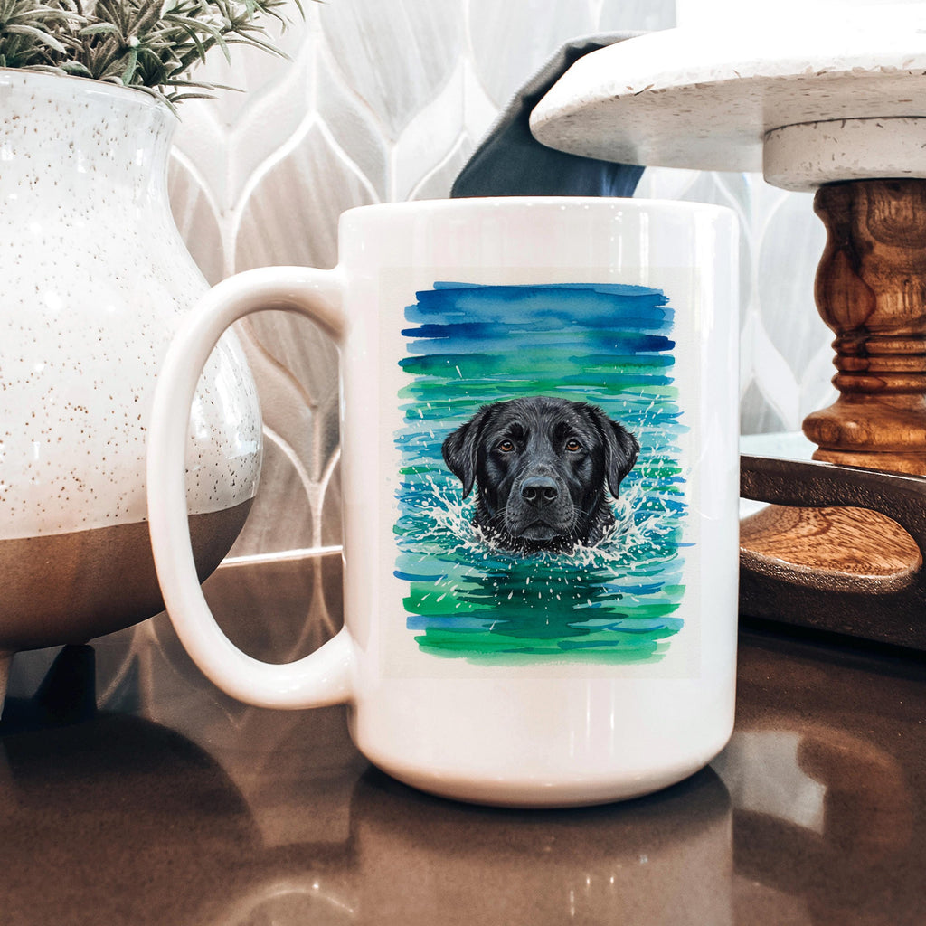 White ceramic coffee mug with watercolor black lab portrait on blue-green splash