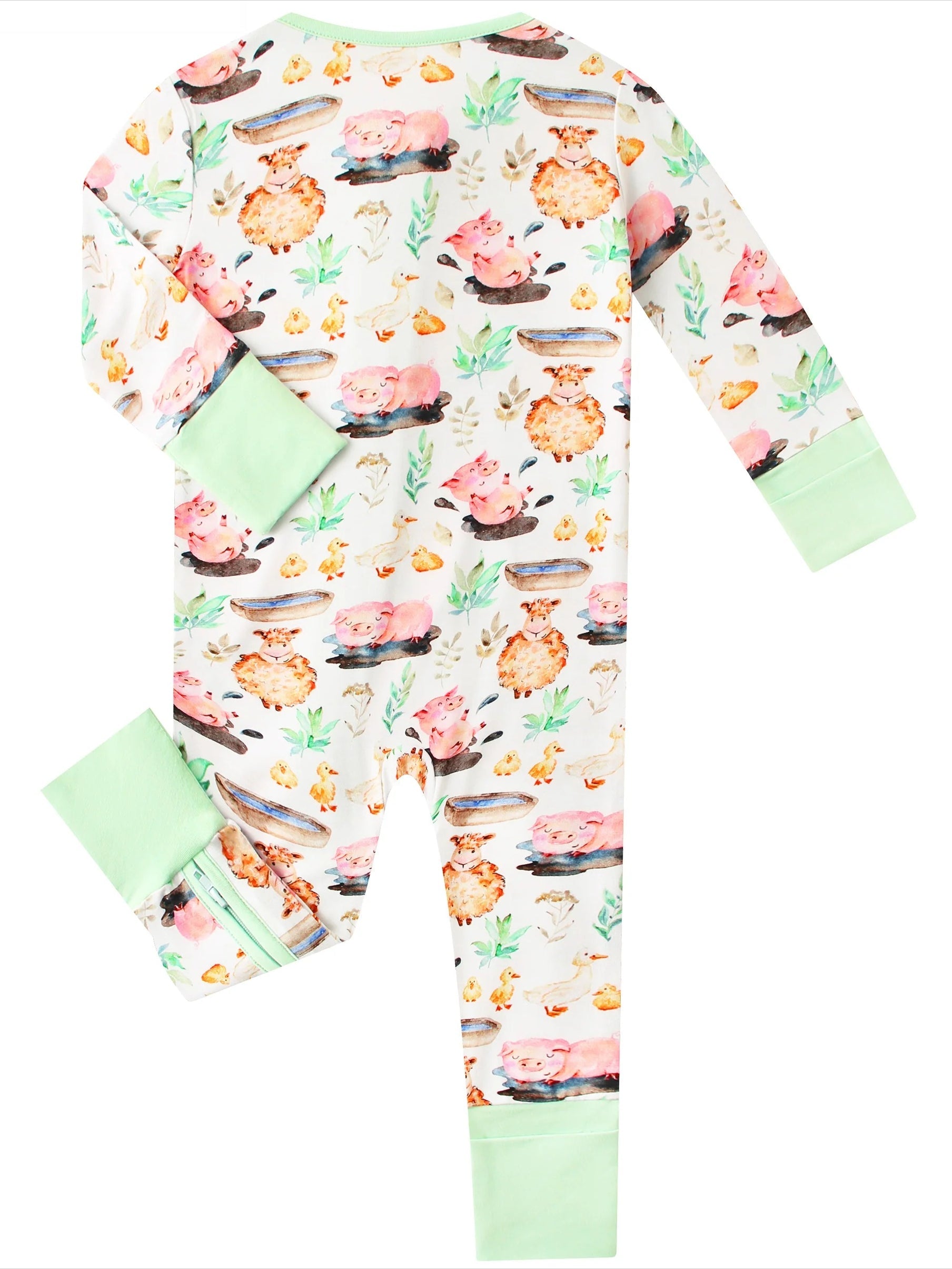 White animal-print bamboo baby romper with mint cuffs and zip front, full view