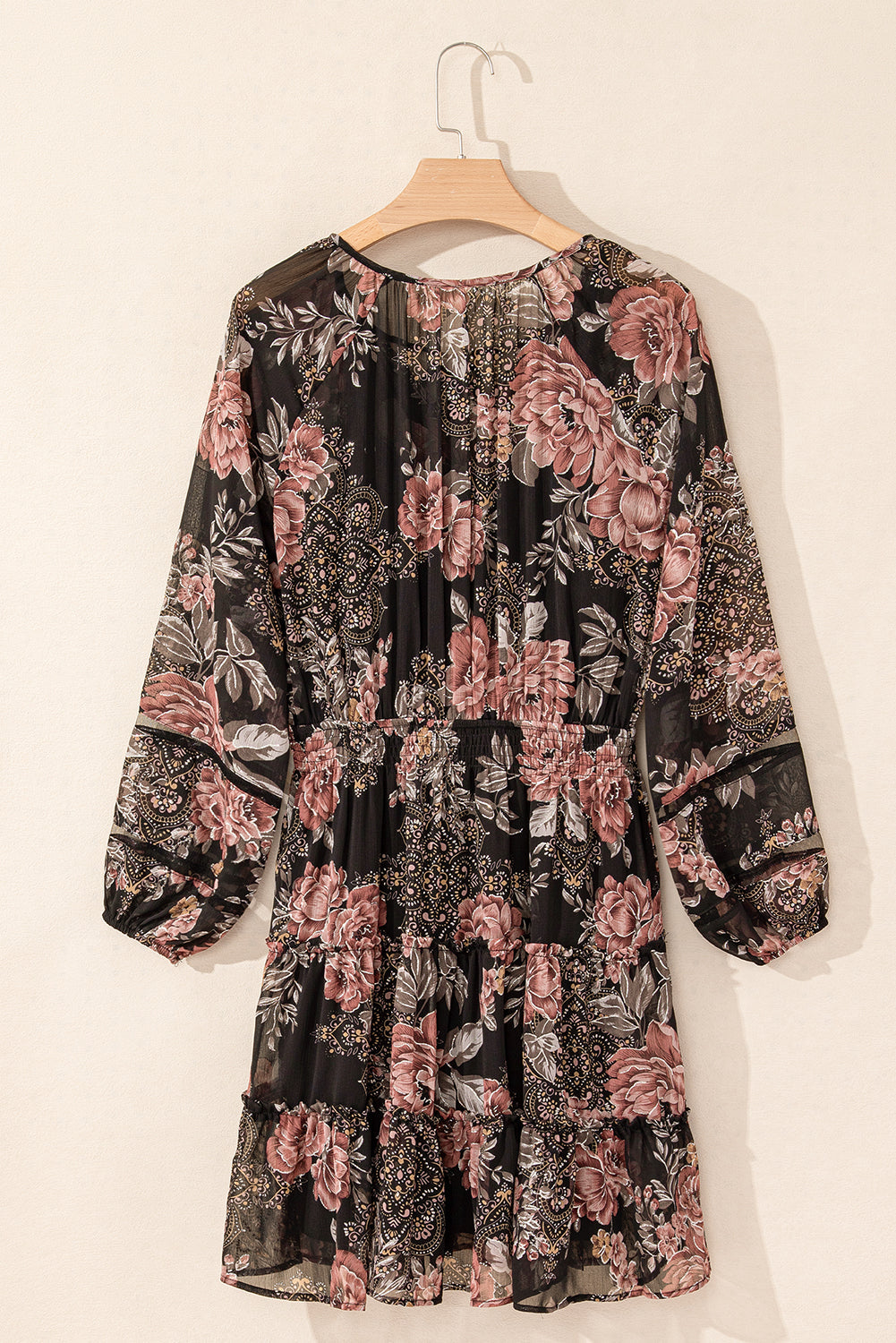 Floral Puff Long Sleeve V-Neck Smocked Waist Dress