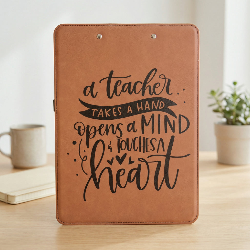 Rawhide brown leather clipboard with teacher quote design and metal clip hardware