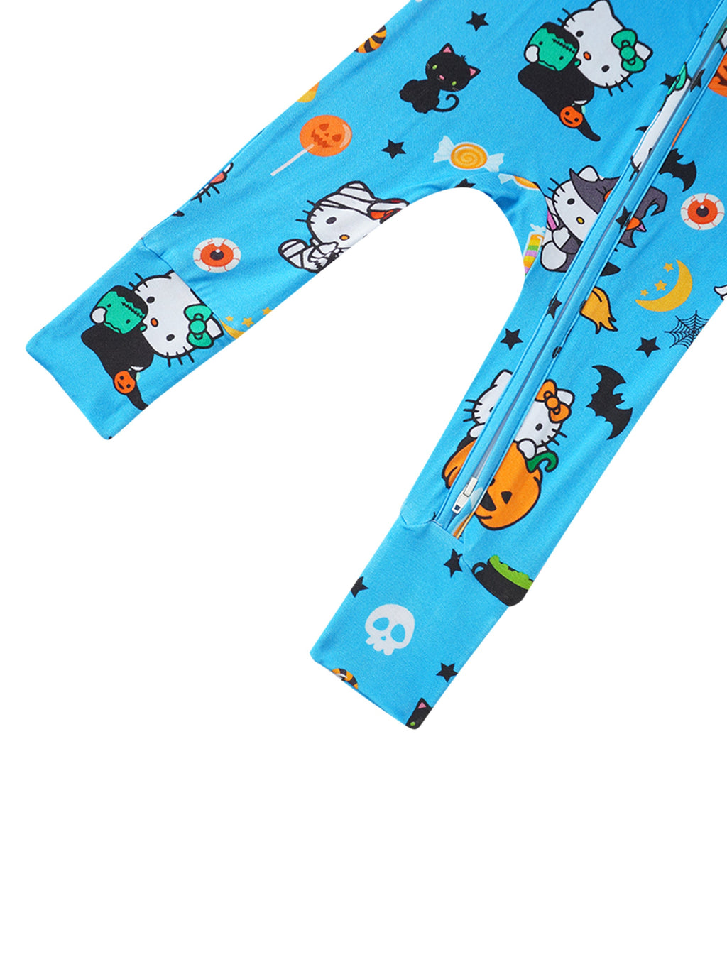 Blue baby bamboo romper with open-seat style and Hello Kitty Halloween print