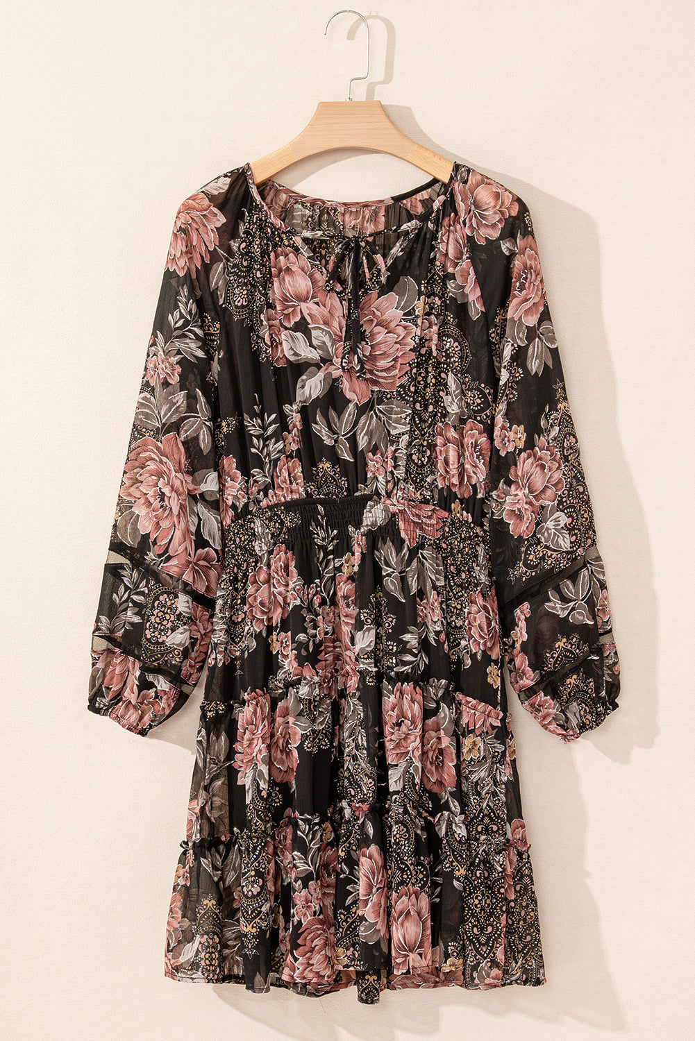 Floral Puff Long Sleeve V-Neck Smocked Waist Dress