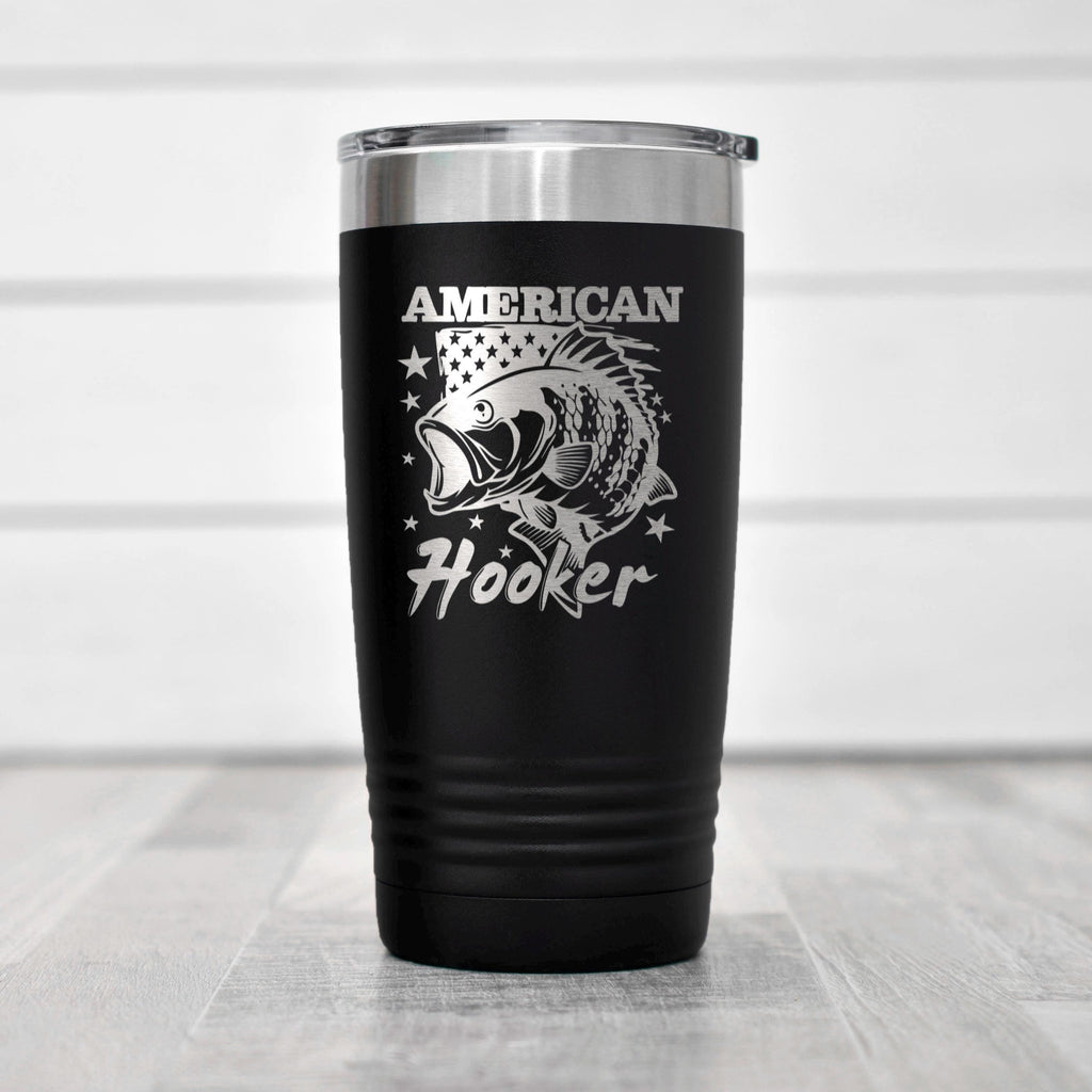Insulated stainless steel tumbler with spill-resistant lid, black American Hooker fish graphic