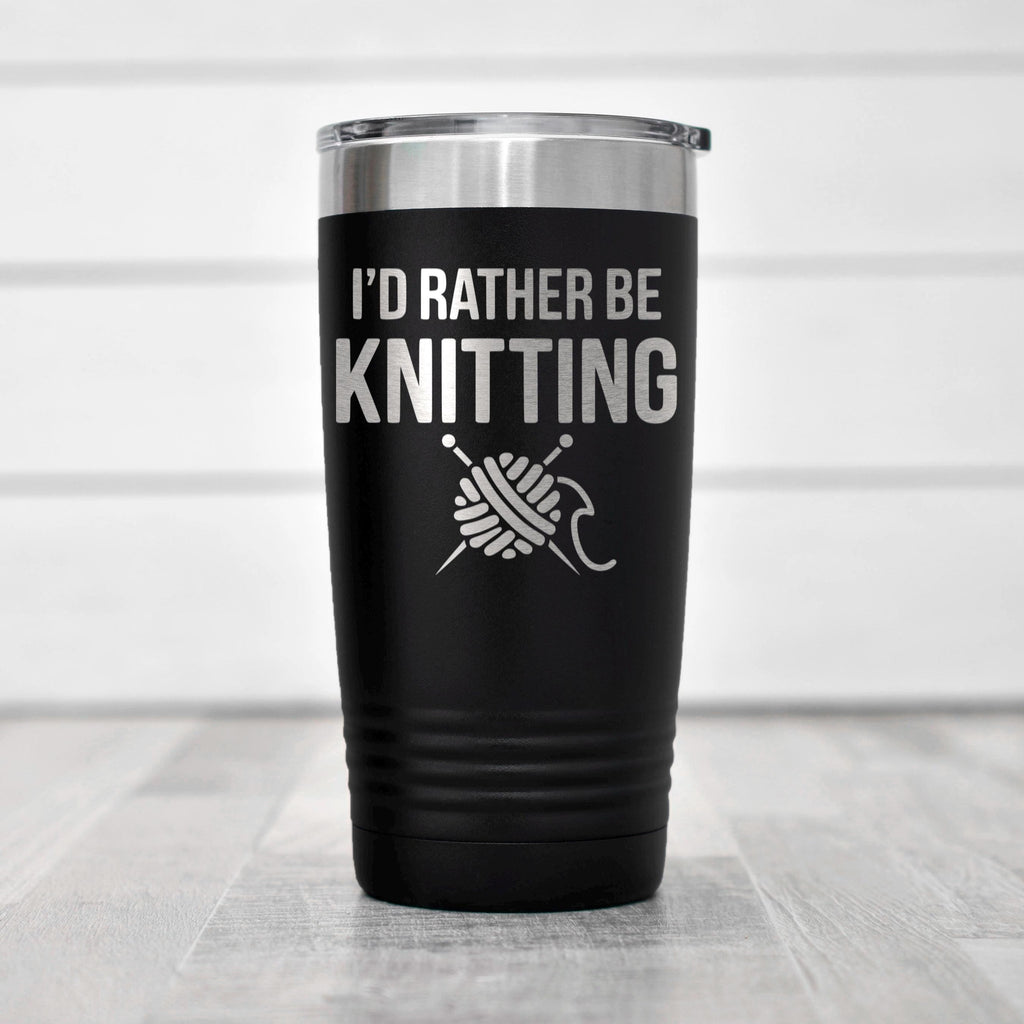 Double-wall stainless steel tumbler with black body and knit slogan design