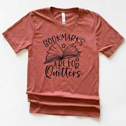 Rust red unisex t-shirt with 'Bookmarks are for Quitters' book graphic