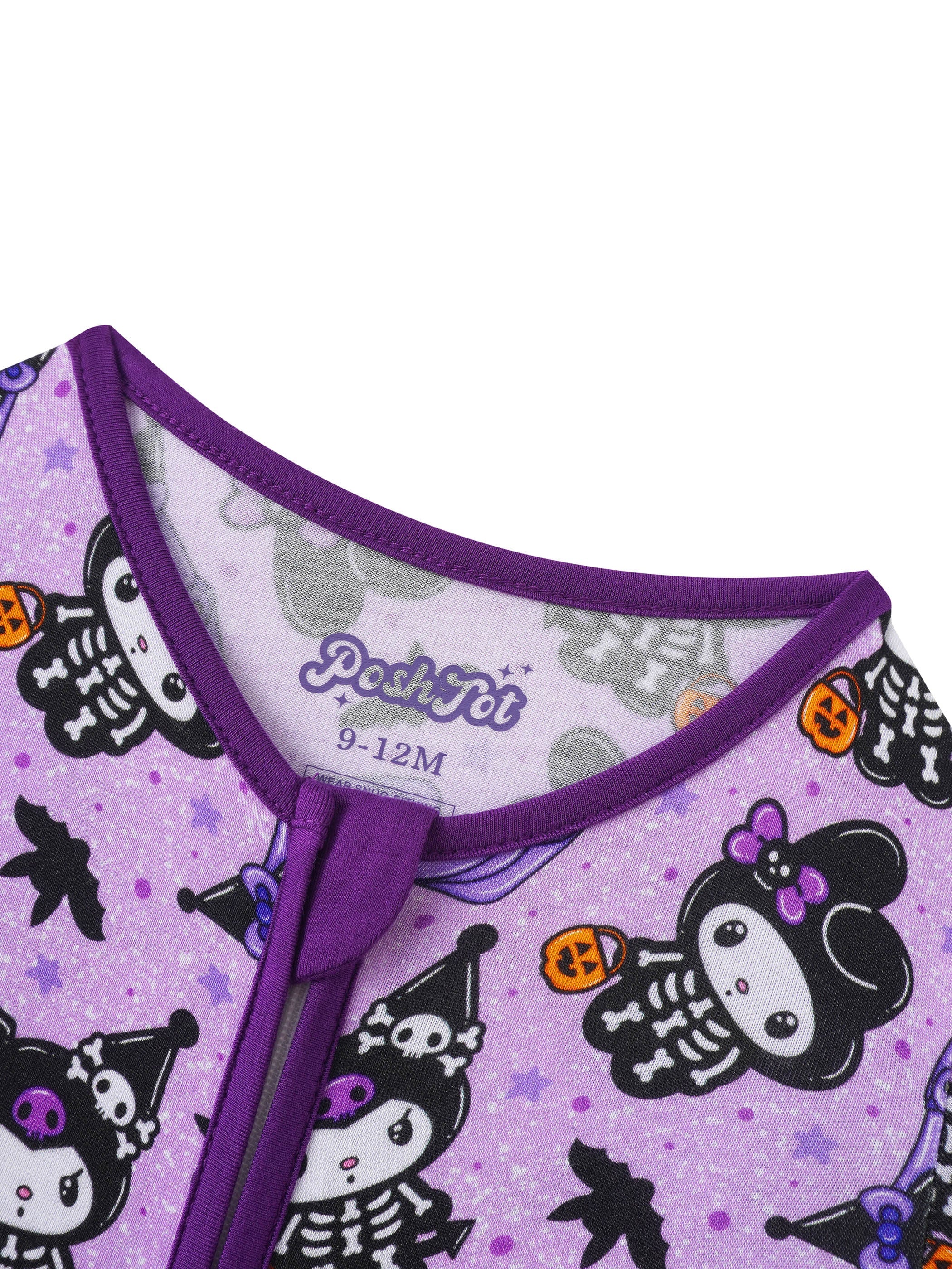 Purple baby romper neckline with zipper trim and PoshTOT tag, cartoon print