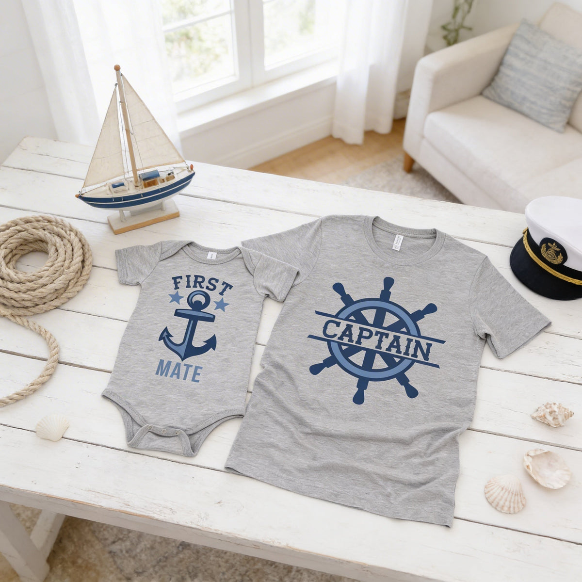Gray Captain T-shirt and First Mate bodysuit with blue Captain wheel and anchor