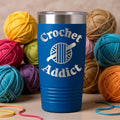 20 oz insulated travel tumbler, blue with Crochet Addict yarn logo and metal lid