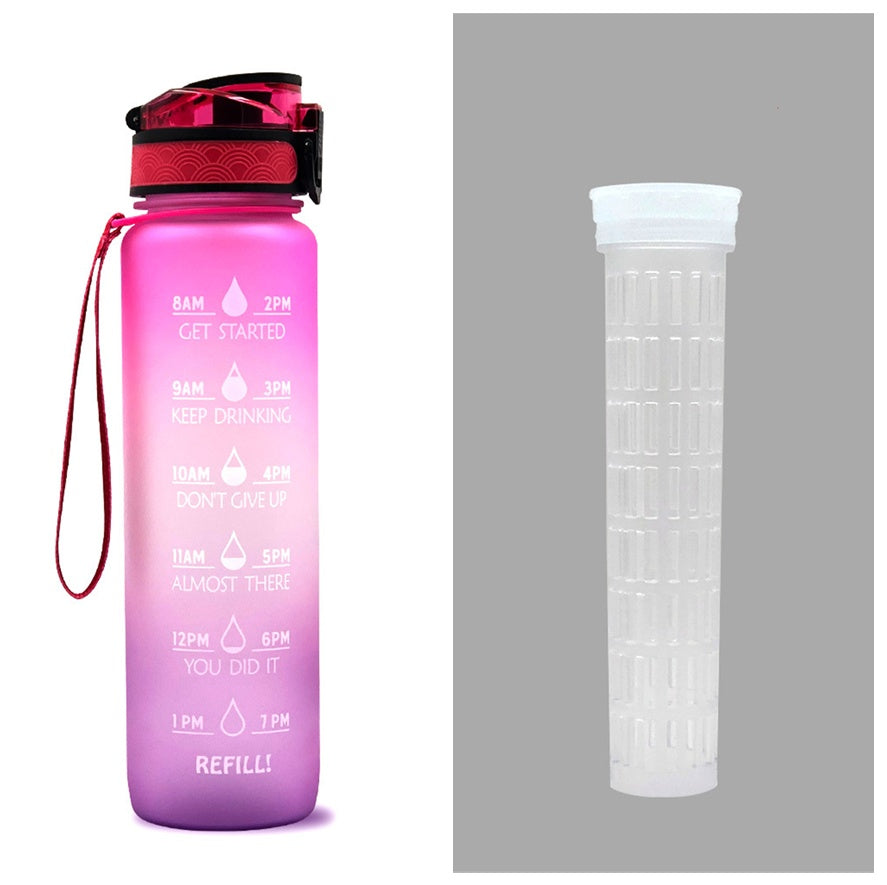 1L time-marker water bottle in pink-to-purple gradient with motivational schedule and carry strap