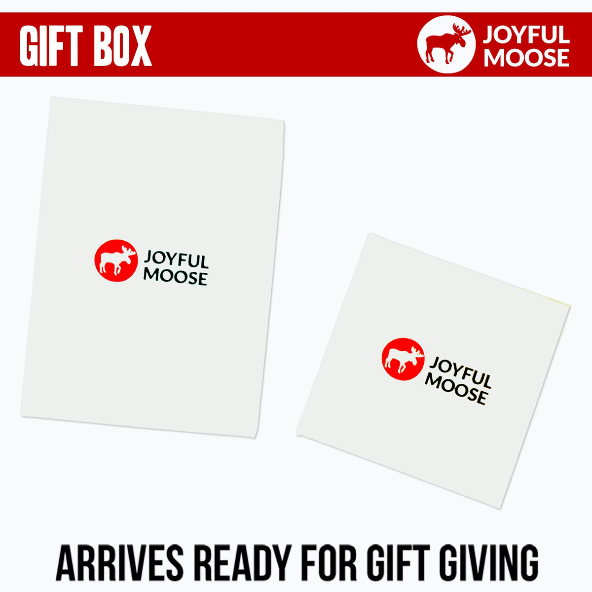 Joyful Moose gift box with red logo, labeled "Arrives ready for gift giving"