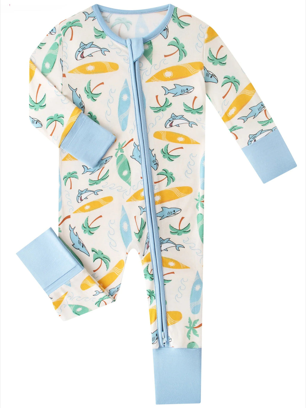 Convertible baby zip romper, cream with sea-animal and surfboard print; light blue cuffs