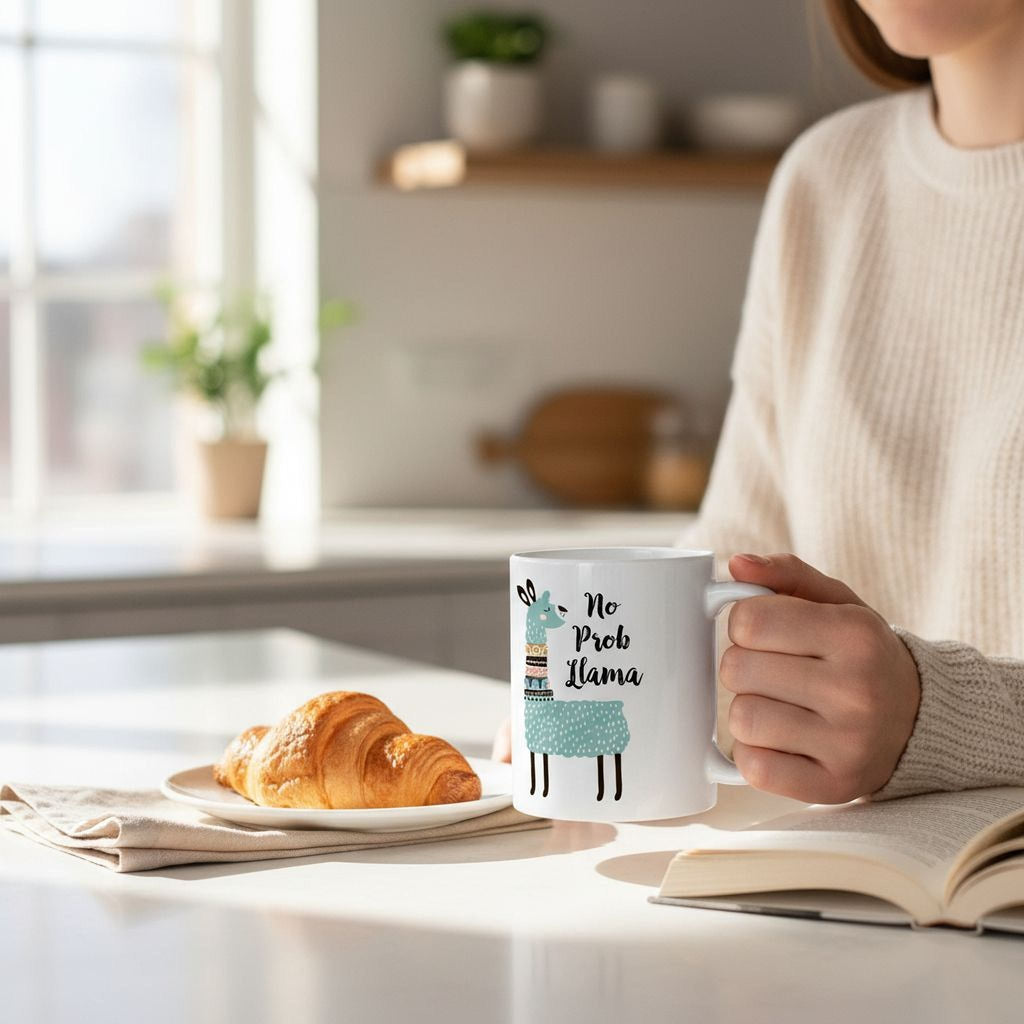 White ceramic coffee mug with “No Prob Llama” teal llama design