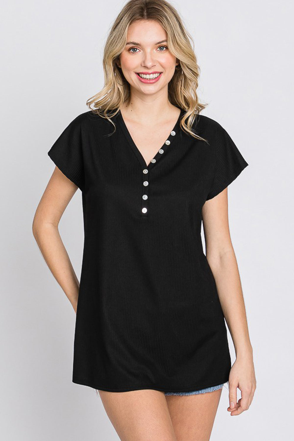V-Neck Button Up T-Shirt with Short Sleeves