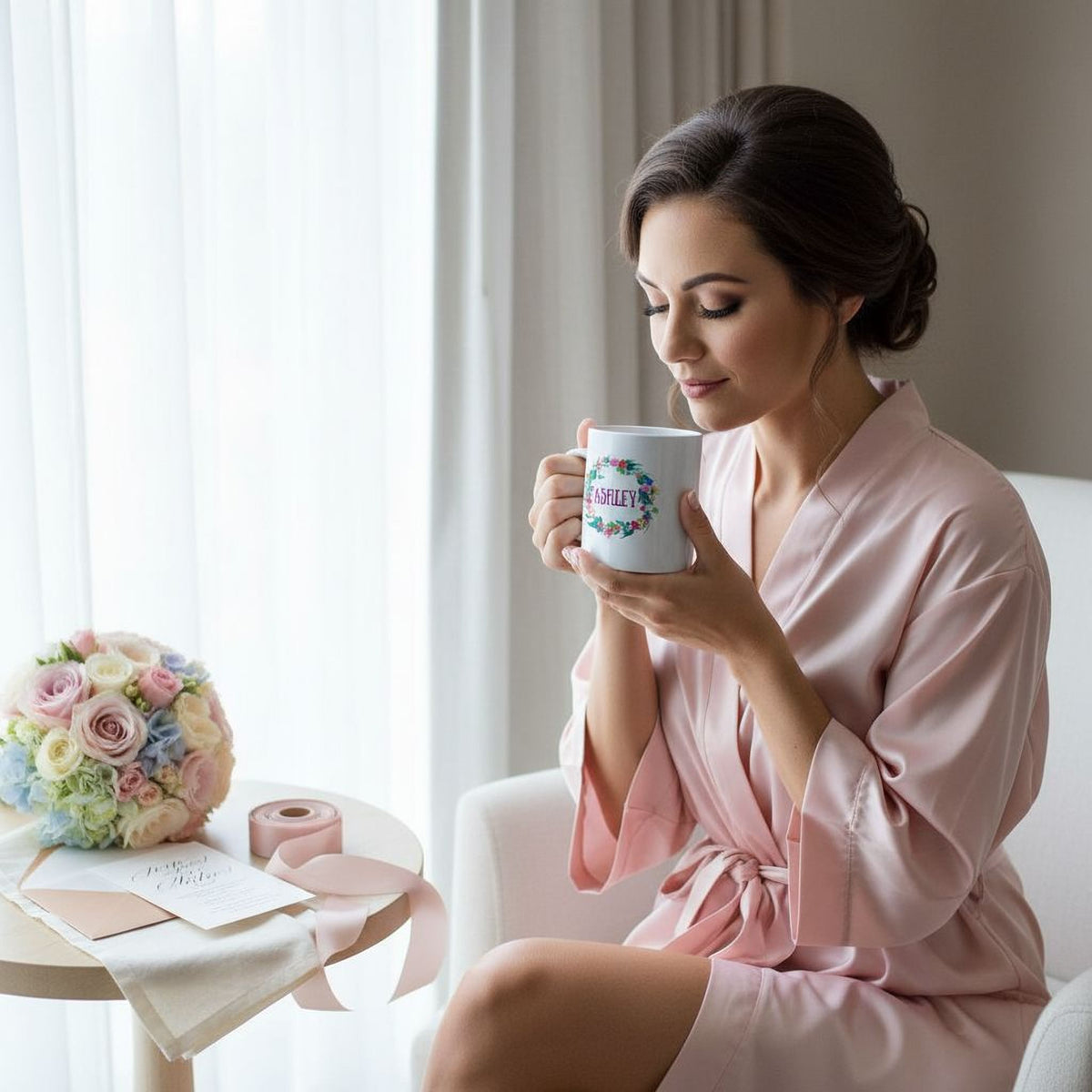 White mug held by a woman, featuring a floral wreath and "ASHLEY" name