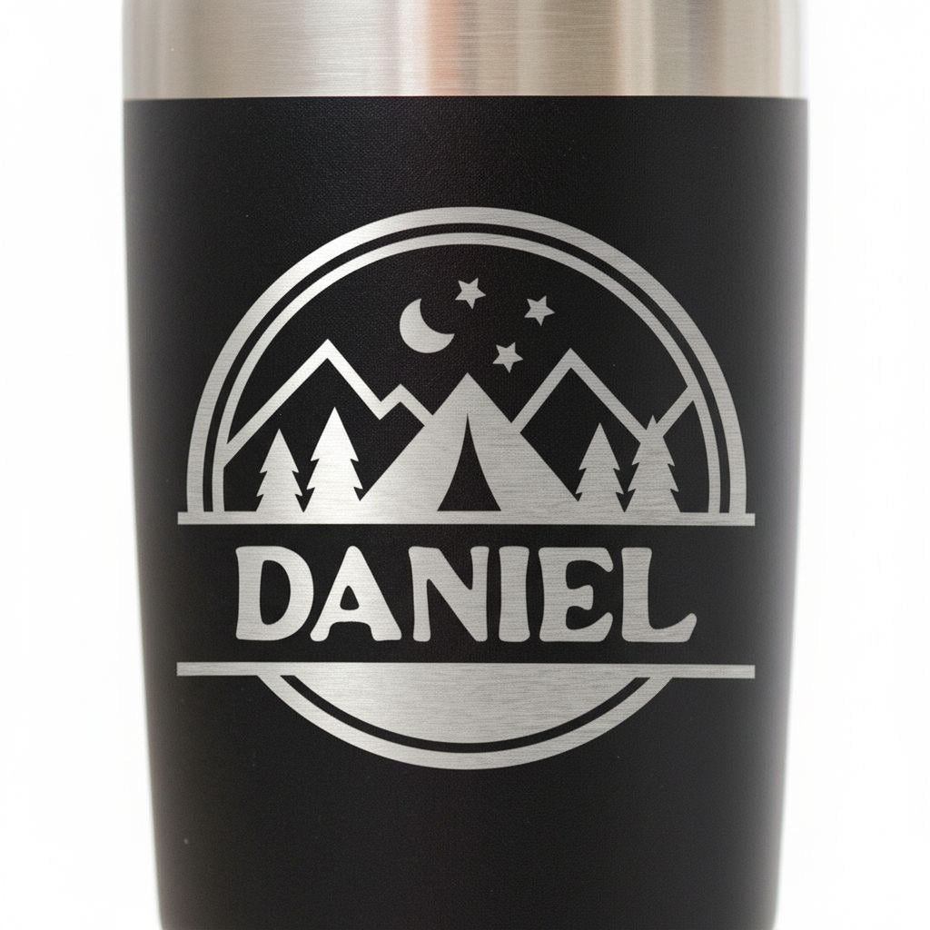 Close-up of black insulated travel mug with mountain stars “Daniel” logo