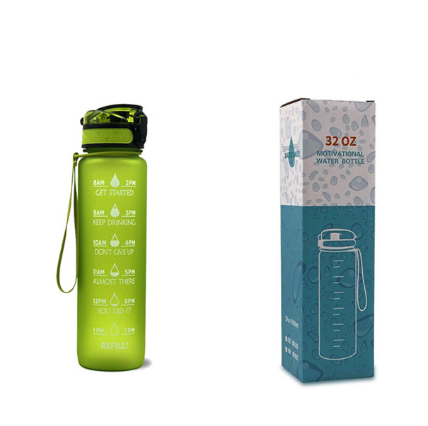 1L motivational time-marker water bottle with bounce cover, lime-to-green gradient, carry loop