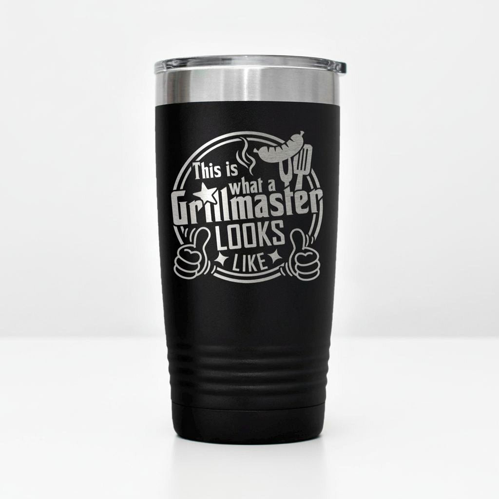 Black insulated stainless steel tumbler with Grillmaster logo and clear lid